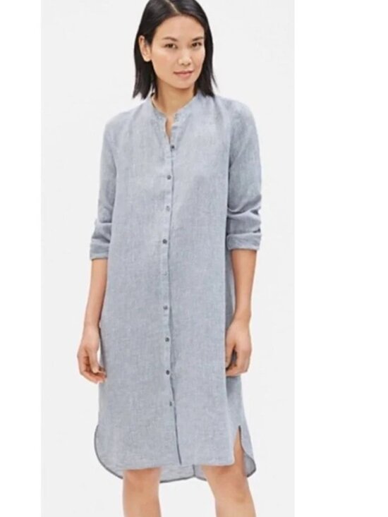Eileen Fisher Dresses & Skirts - Eileen Fisher Mandarin Collar Organic Linen Shirt Dress Gray High Low Size L